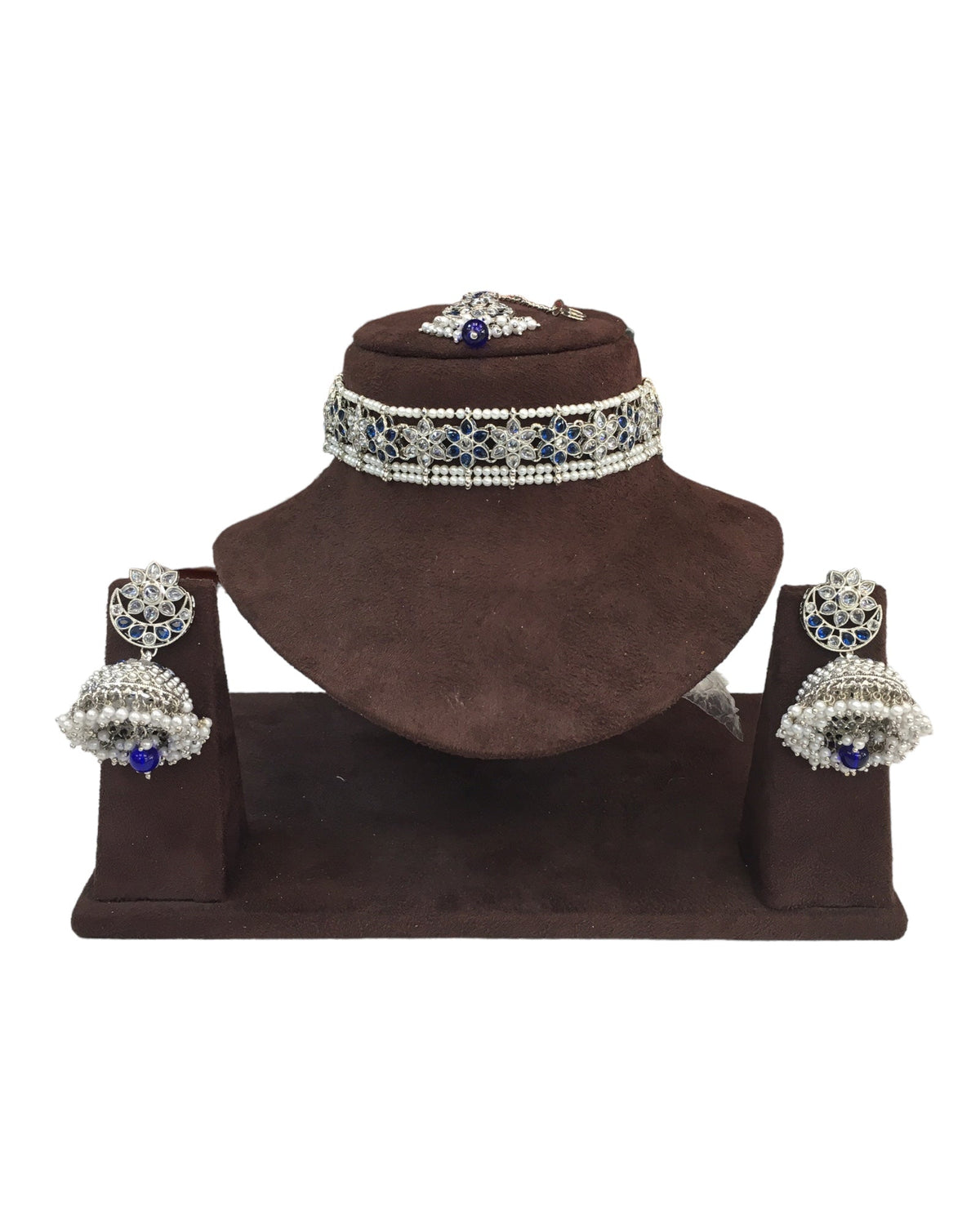 Blue - Large Size Silver Finish Necklace Set with Earrings - RAK95 KV 0424 - Prachy Creations