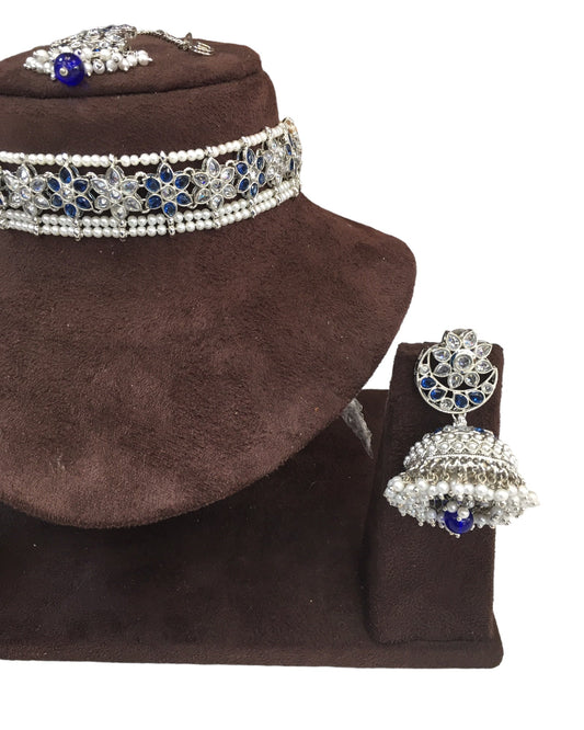 Blue - Large Size Silver Finish Necklace Set with Earrings - RAK95 KV 0424 - Prachy Creations