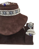 Blue - Large Size Silver Finish Necklace Set with Earrings - RAK95 KV 0424 - Prachy Creations