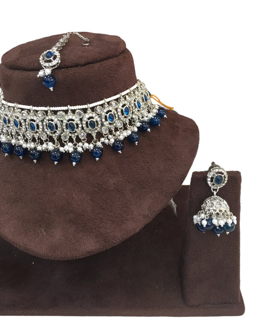 Blue - Medium Size Silver Finish Choker Necklace Set with Earrings - RAK149 C 0424 - Prachy Creations