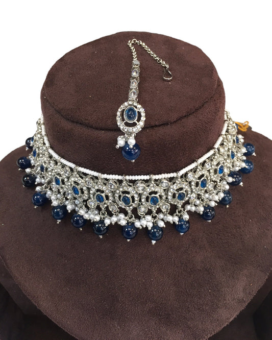 Blue - Medium Size Silver Finish Choker Necklace Set with Earrings - RAK149 C 0424 - Prachy Creations