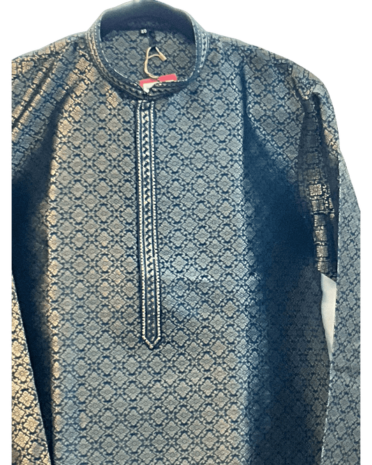 Blue - Men’s Embroidered Jacquard Kurta Set with Trousers - UK Stock - Weddings / Walimas , Sangeet, Diwali, Eid, Mehndi / Henna - VEE3069 VV - Prachy Creations