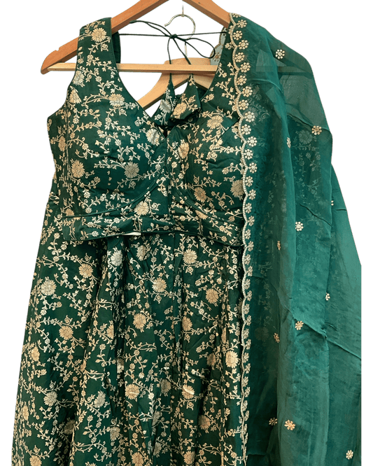 Bottle Green - Banarasi Brocade Silky Lehenga Set - Mehndi / Sangeet / Bridesmaids / Weddings / Garba - Size UK 12 (38" Bust) Adjustable to Size 14 - UK Stock - 24h Dispatch - AF2601 02VP26 - Prachy Creations