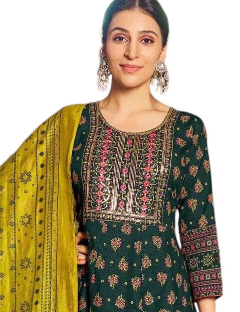 Bottle Green - Cotton Block Printed Long Dress with Dupatta - Available in Sizes 14(40") & 20 (46") - BH1002 KK 0924 - Prachy Creations