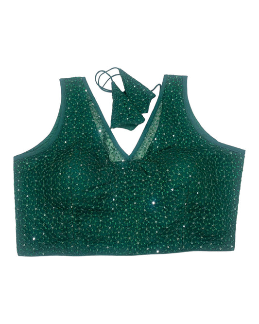 Bottle Green - Fully Embroidered V neck Saree / Lehenga blouse - With Cups - Margin to loosen - UK Stock - AF2343 H 0923 - Prachy Creations