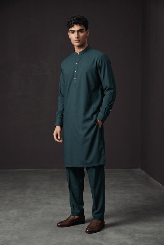 Bottle Green - Plain Silky Mens Indian Kurta set with Trousers - UK Stock - Weddings / Walimas , Sangeet, Diwali, Eid, Mehndi / Henna - EM66 05KJ26 - Prachy Creations