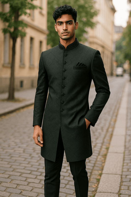 Bottle Green - Rich Banarasi Stone Work Sherwani with Black Embroidery - BS992 08RP25 - Prachy Creations