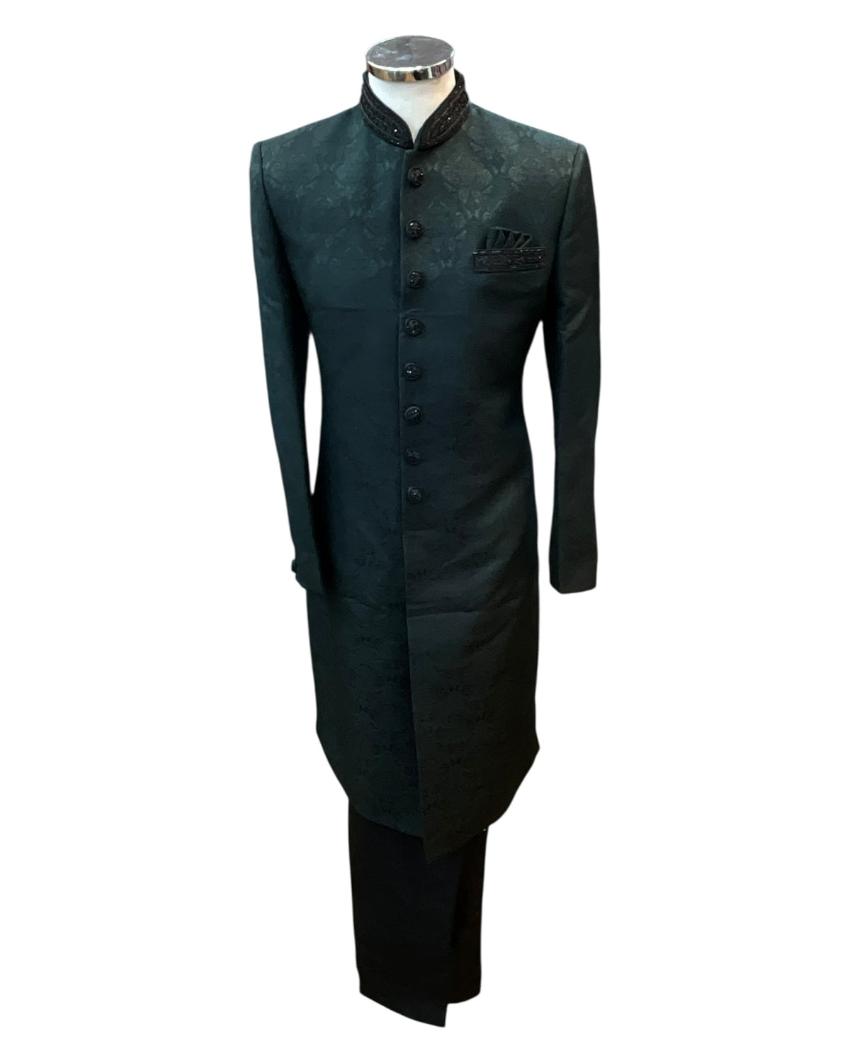 Bottle Green - Rich Banarasi Stone Work Sherwani with Black Embroidery - BS992 08RP25 - Prachy Creations