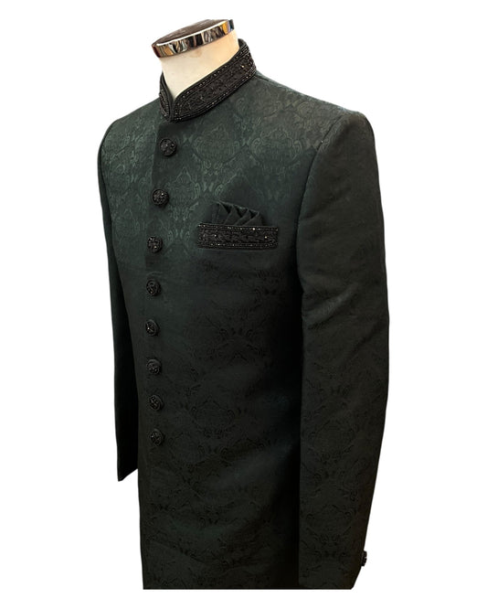 Bottle Green - Rich Banarasi Stone Work Sherwani with Black Embroidery - BS992 08RP25 - Prachy Creations