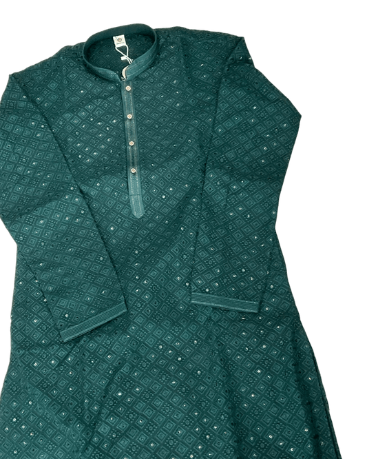 Bottle Green - Rich Sequins Lucknowi Mens Indian Kurta set with Trousers - UK Stock - Weddings / Walimas , Sangeet, Diwali, Eid, Mehndi / Henna - EM10513 05VH26 - Prachy Creations