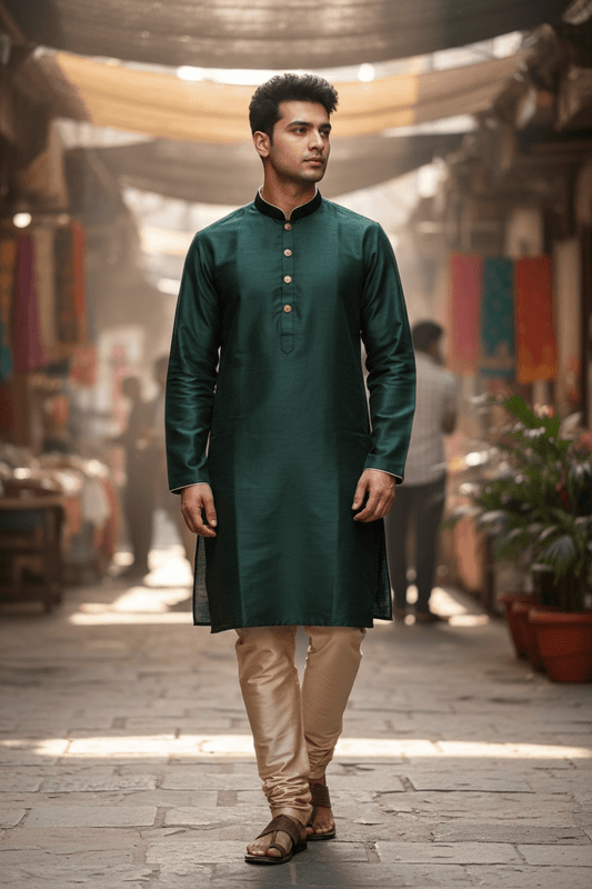 Bottle Green - Silky Mens Indian Kurta set - UK Stock - Ideal to Pair with a Waistcoat - VEE1095 KJ - Prachy Creations
