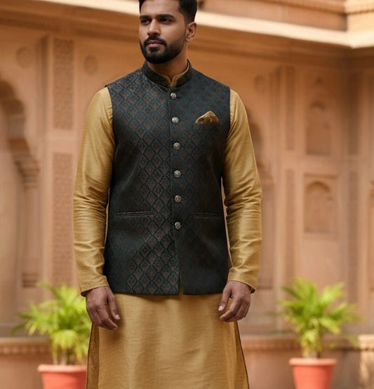 Bottle Green with Contrast Thread Brocade - Premium Mens Waistcoat - VNS-JKT13 10KJ25 - Prachy Creations