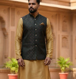 Bottle Green with Contrast Thread Brocade - Premium Mens Waistcoat - VNS-JKT13 10KJ25 - Prachy Creations