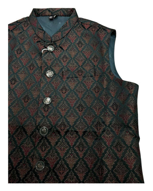 Bottle Green with Contrast Thread Brocade - Premium Mens Waistcoat - VNS-JKT13 10KJ25 - Prachy Creations