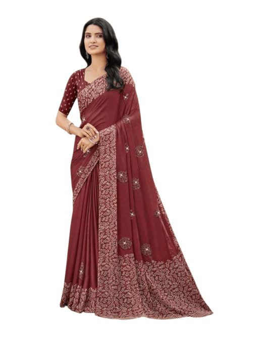 Brick Red / Rust - Chiffon Printed Saree with Blouse Piece - UK stock - 24hr Dispatch - LTF101 07KT26 - Prachy Creations