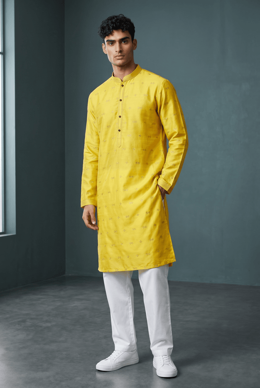 Bright Yellow - Handloom Silky Mens Indian Kurta set with Trousers - UK Stock - Weddings / Walimas , Sangeet, Diwali, Eid, Mehndi / Henna - EM10697 05KH26 - Prachy Creations