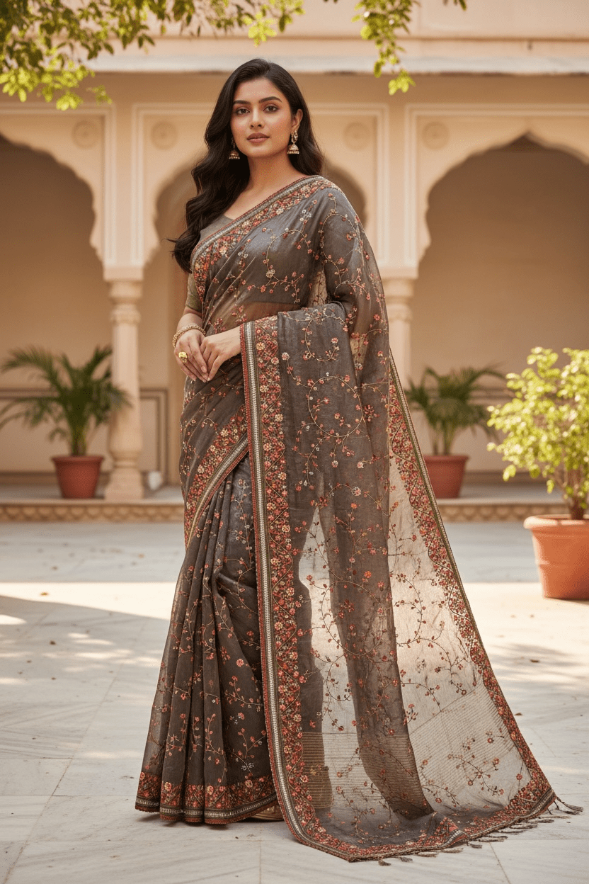 Bronze / Brown - Classic Saree with Thread Work and Blouse Piece - UK stock - 24hr Dispatch - RS2513 TA - Prachy Creations