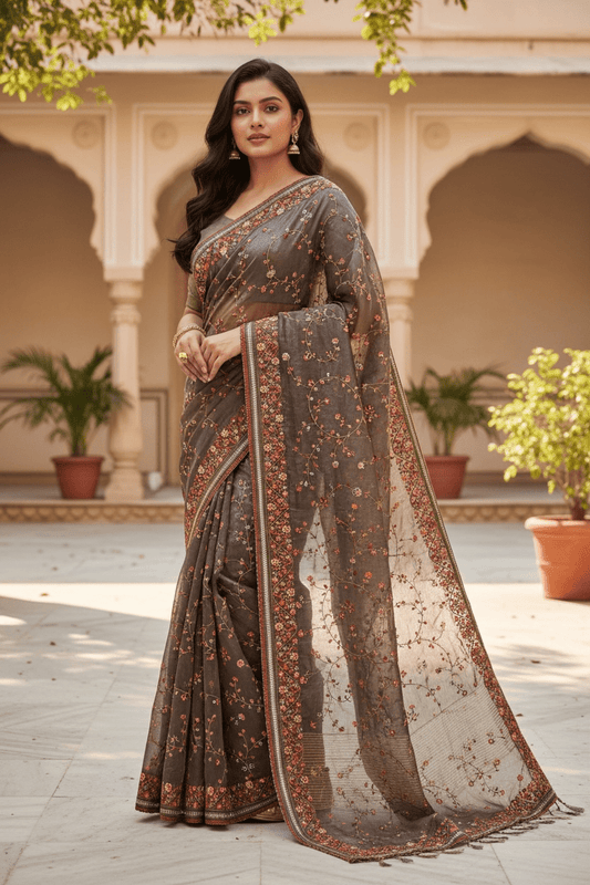 Bronze / Brown - Classic Saree with Thread Work and Blouse Piece - UK stock - 24hr Dispatch - RS2513 TA - Prachy Creations