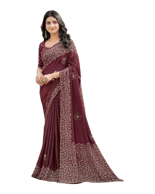 Brown - Chiffon Printed Saree with Blouse Piece - UK stock - 24hr Dispatch - LTF107 07KT26 - Prachy Creations