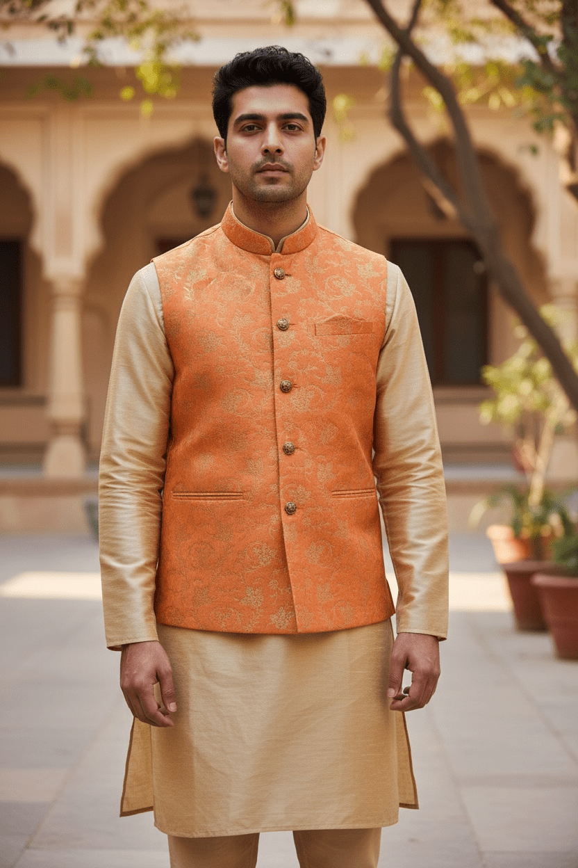 Burnt Orange - Rich Brocade - Mens Traditional Waistcoat - UK Stock - VNS-JKT01 10KK25 - Prachy Creations