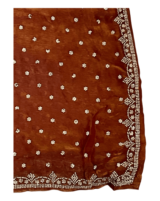 Burnt Orange / Rust - Rich Saree with Stone Work Border and Blouse Piece - UK stock - 24hr Dispatch - RS2501 TH - Prachy Creations