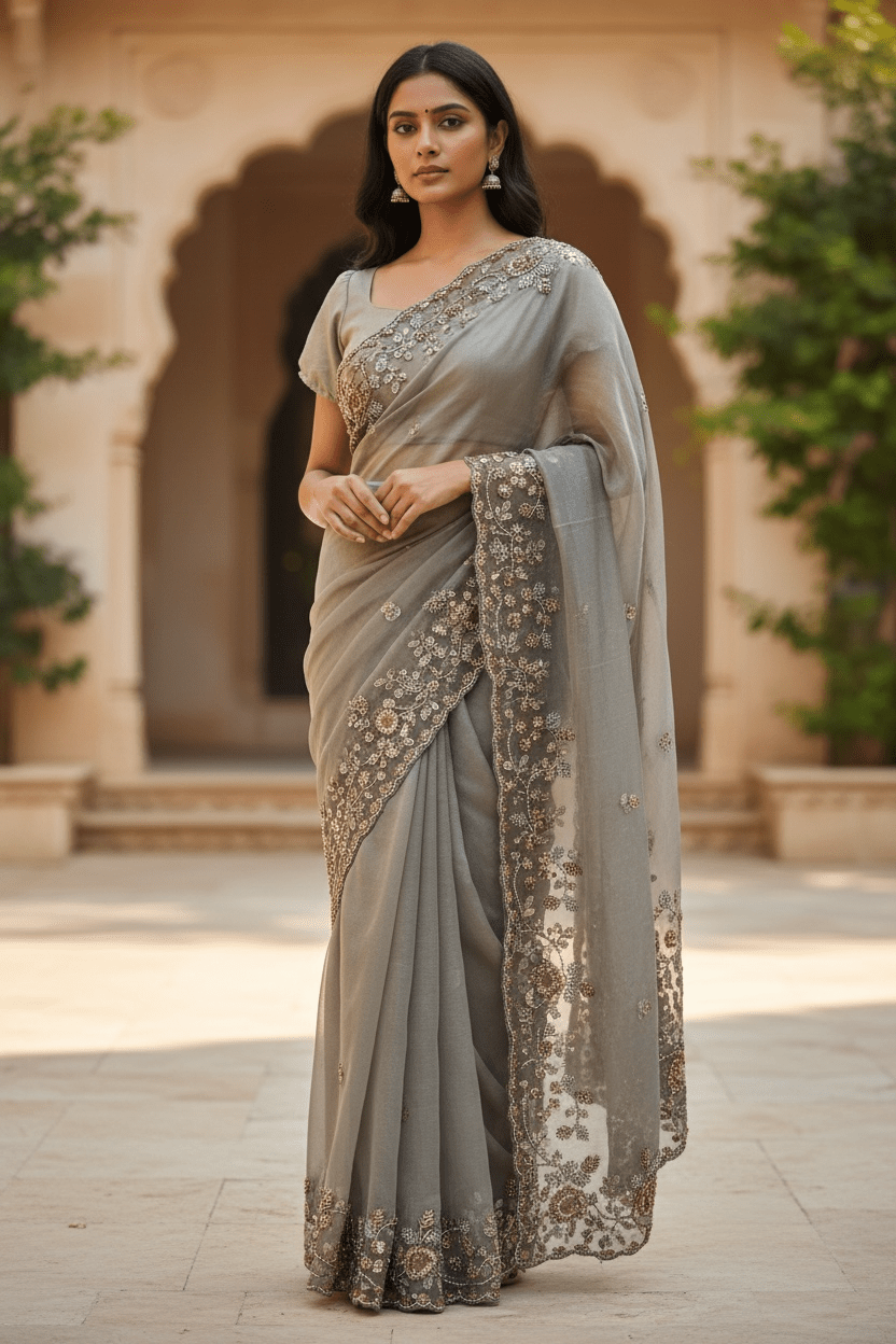 Champagne / Light Brown - Rich Saree with Bead Embroidery and Blouse Piece - UK stock - 24hr Dispatch - RS2523 TH - Prachy Creations