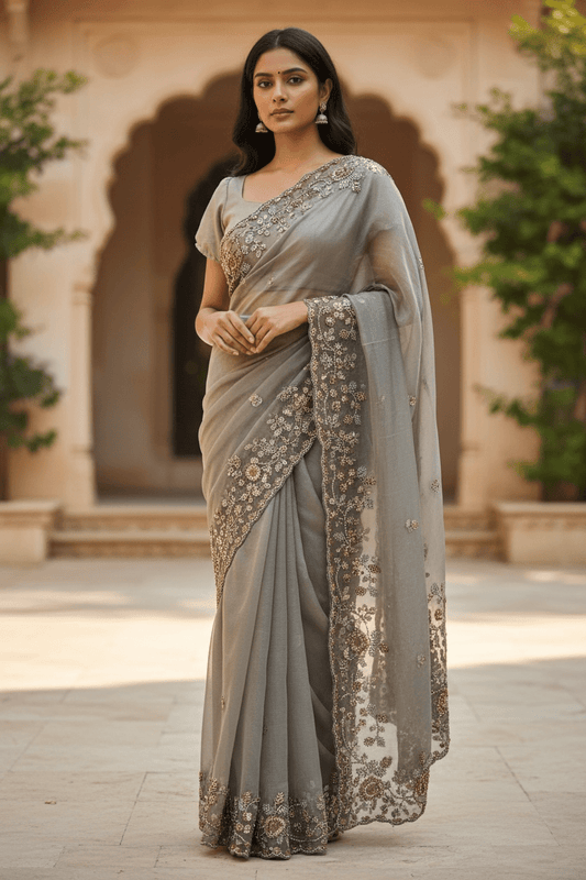 Champagne / Light Brown - Rich Saree with Bead Embroidery and Blouse Piece - UK stock - 24hr Dispatch - RS2523 TH - Prachy Creations