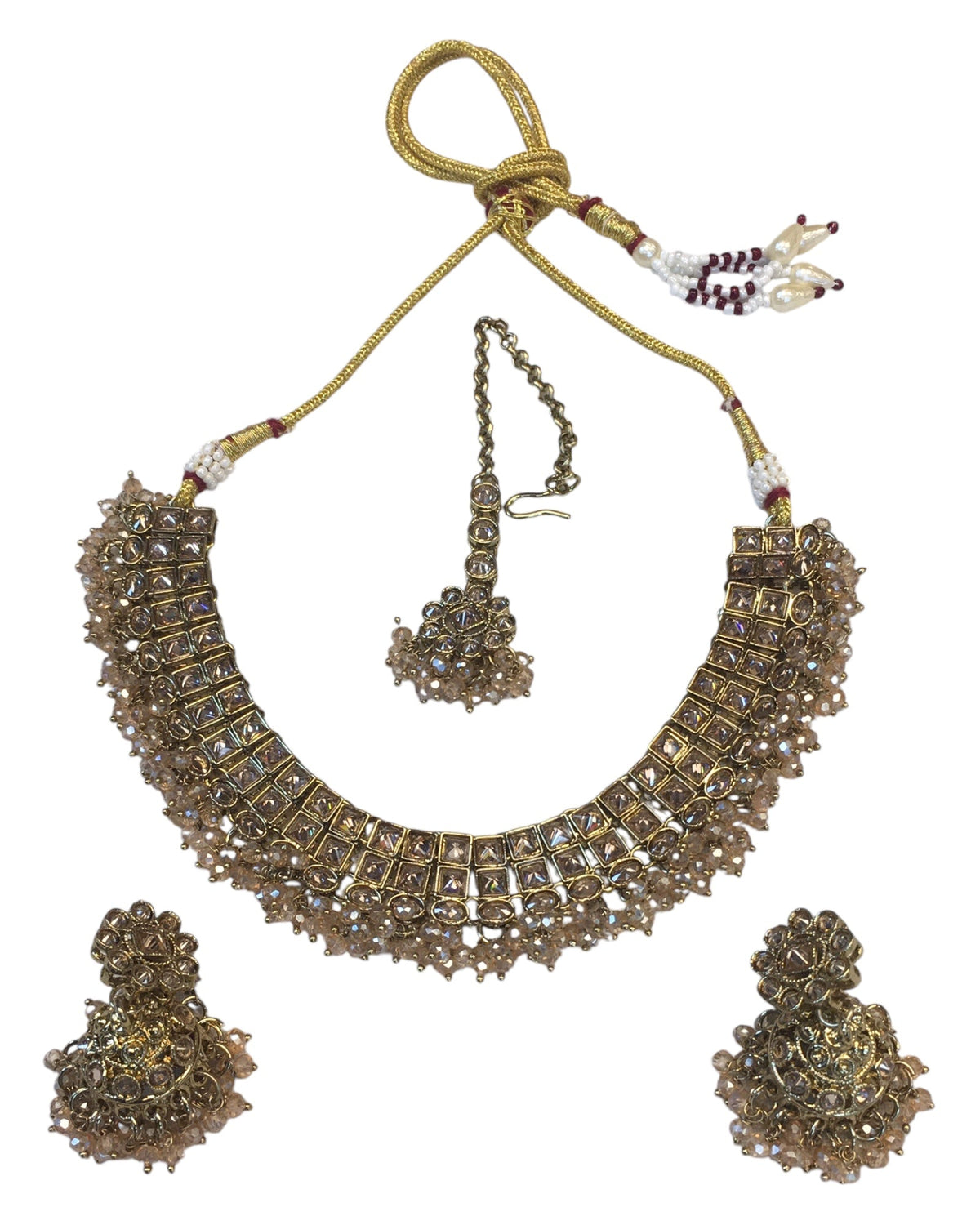 Champagne - Medium Size Antique Gold Finish Necklace Set with Earrings - PRI1786 11H24 - Prachy Creations