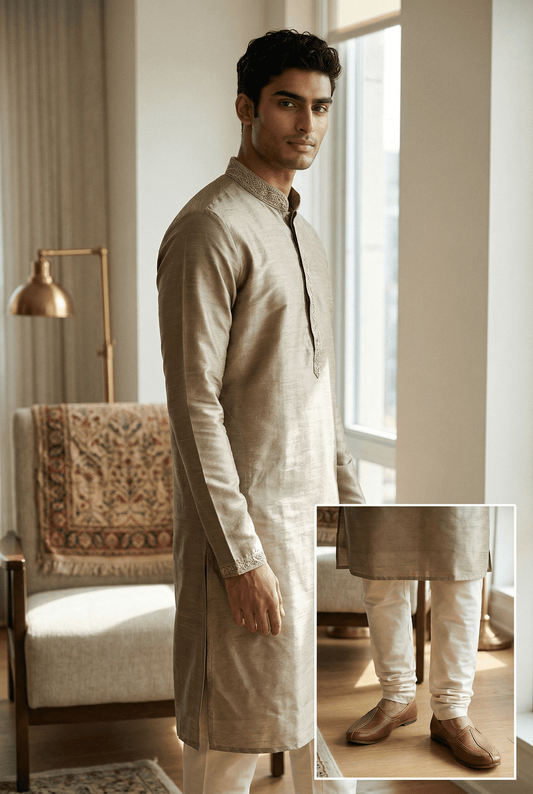 Champagne - Silky - Mens Indian Kurta set - Weddings / Walimas , Sangeet, Eid, Mehndi / Henna - NAD2511 01KJ25 - Prachy Creations