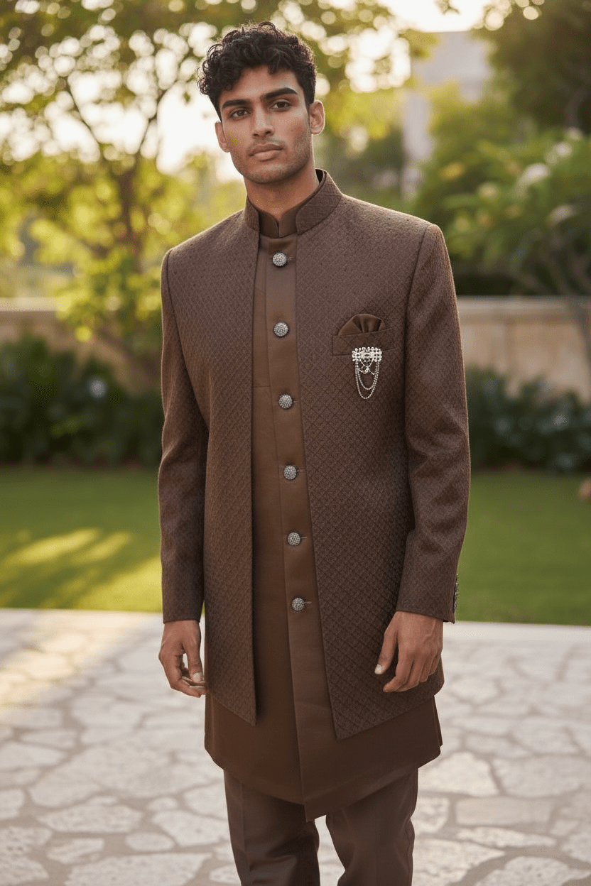 Chestnut Brown - PREMIUM Mens Knee Length Jacket with Long Waistcoat - Sherwani / Indo Western - Fantastic Fit - KCS6633 05RY25 - Prachy Creations
