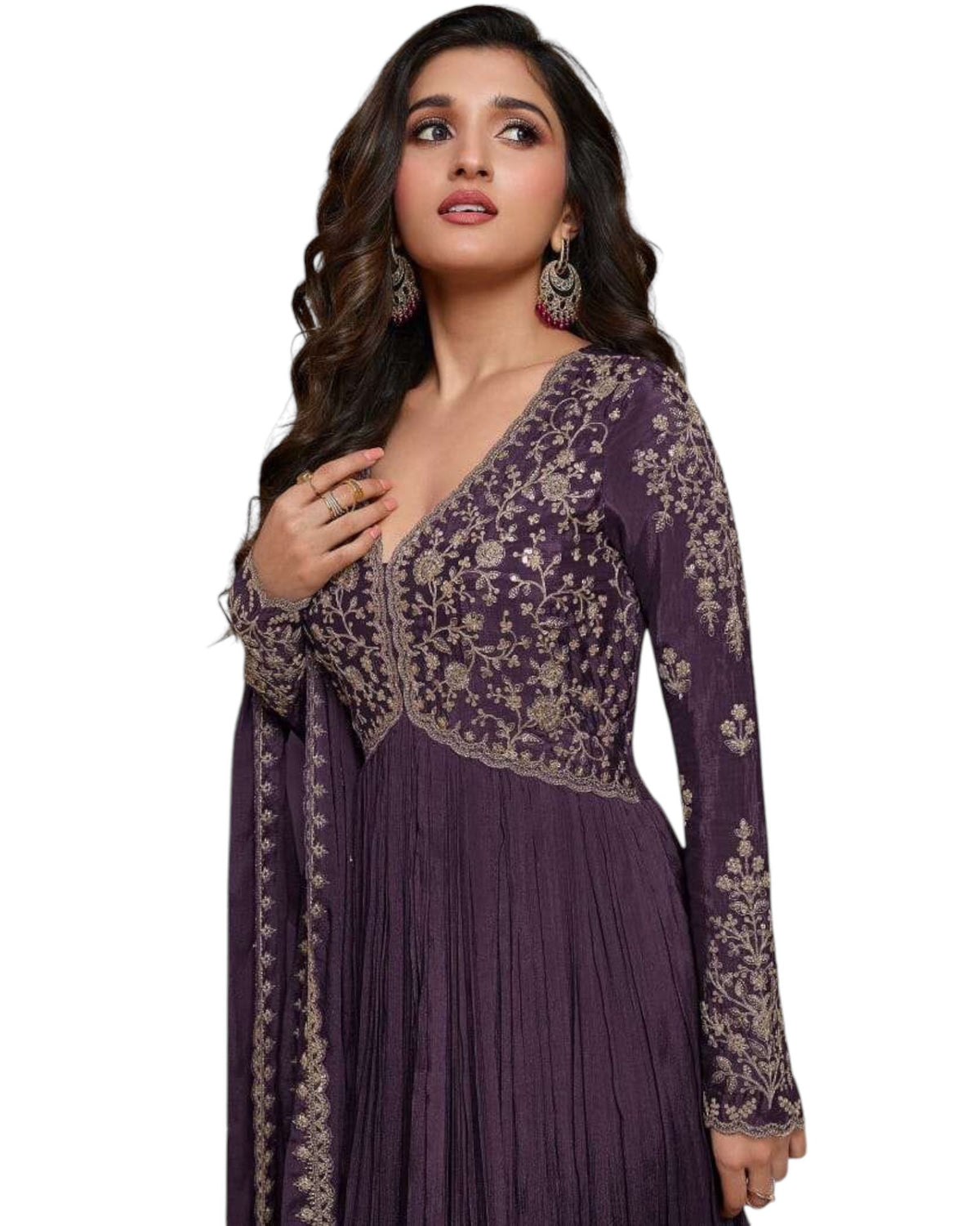 Chiffon - Purple Anarakali Long Dress with Trousers - Size 14 (Bust 40") - Inside Margin to let out ( 3 to 4")VF66574 TY 1024 - Prachy Creations