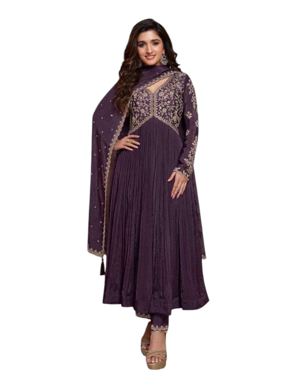 Chiffon - Purple Anarakali Long Dress with Trousers - Size 14 (Bust 40") - Inside Margin to let out ( 3 to 4")VF66574 TY 1024 - Prachy Creations
