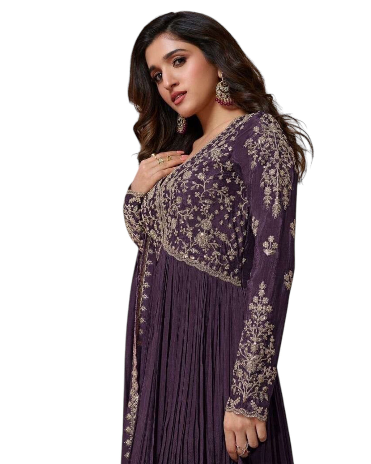 Chiffon - Purple Anarakali Long Dress with Trousers - Size 14 (Bust 40") - Inside Margin to let out ( 3 to 4")VF66574 TY 1024 - Prachy Creations