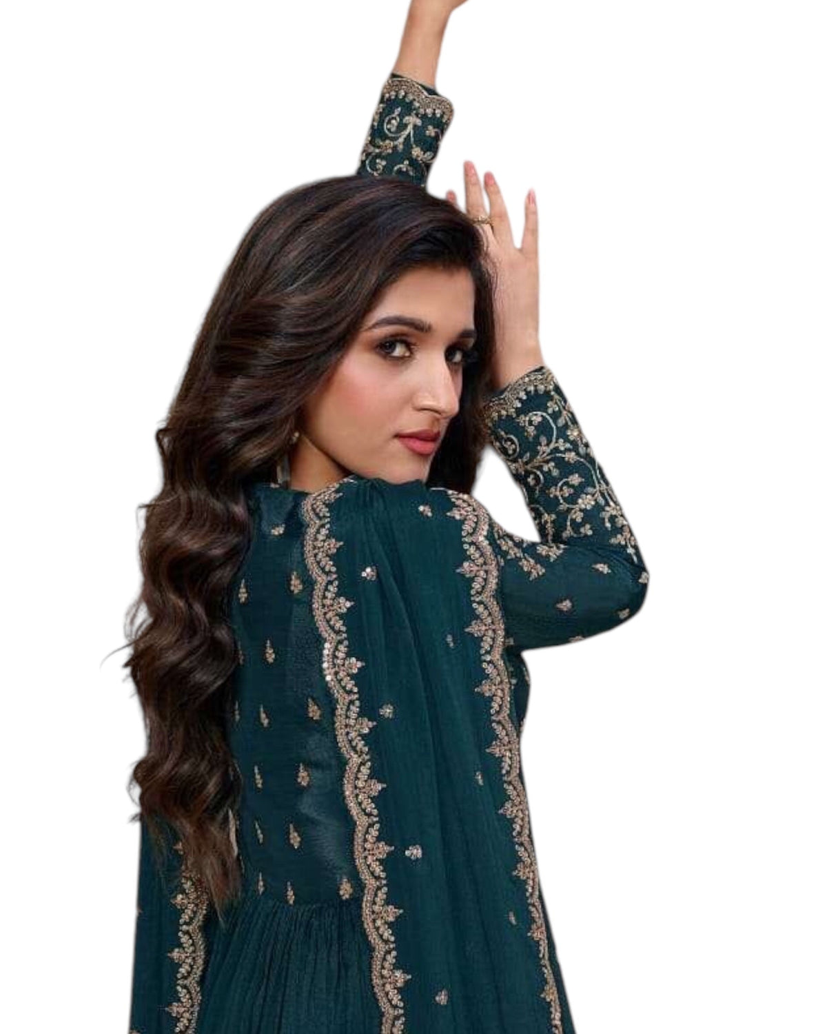 Chiffon - Teal Anarakali Long Dress with Trousers - Size 10 (Bust 36") - Inside Margin to let out ( 3 to 4")VF66571 TY 1024 - Prachy Creations