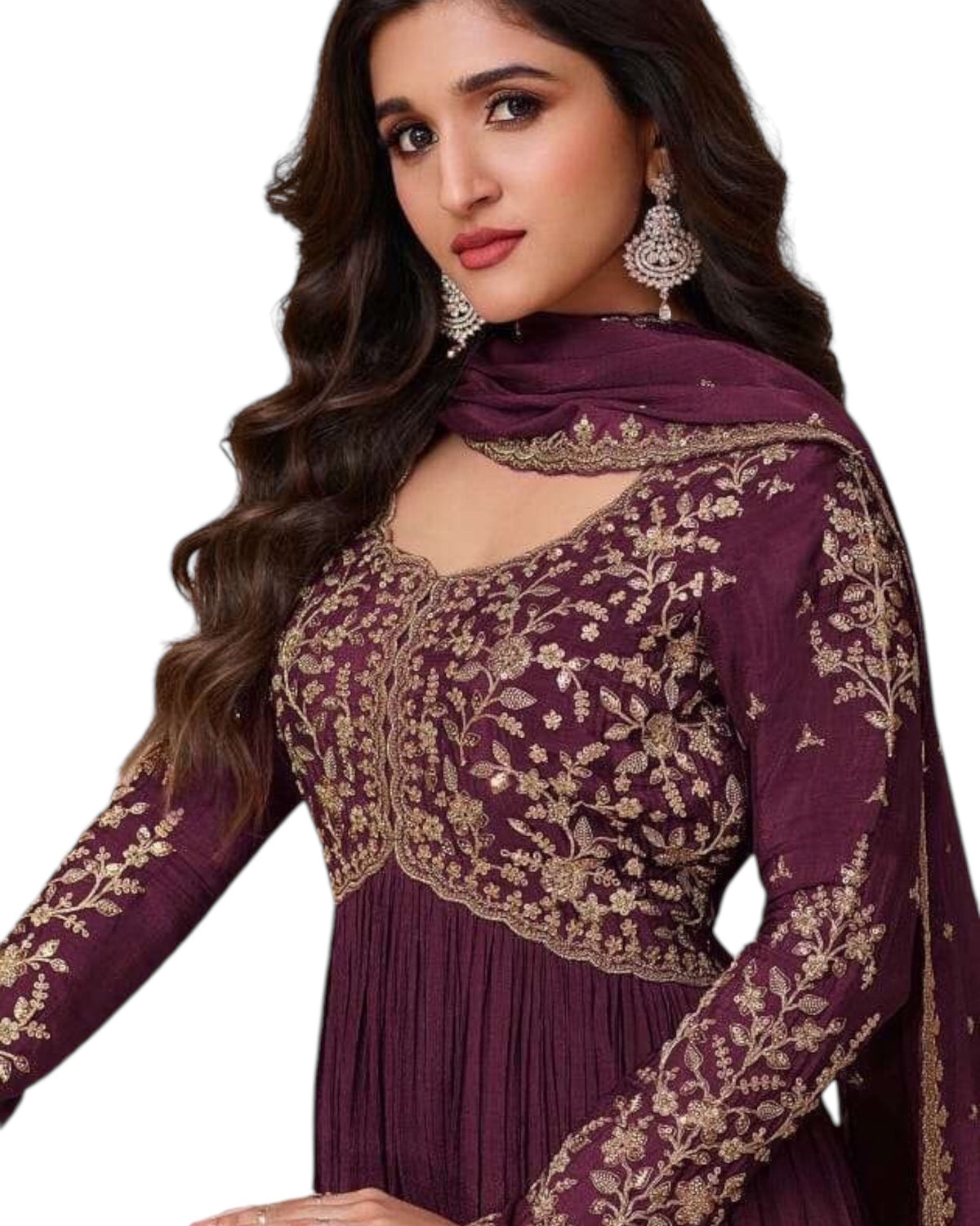 Chiffon - Wine Anarakali Long Dress with Trousers - Size 12 (Bust 38") - Inside Margin to let out ( 3 to 4")VF66572 TY 1024 - Prachy Creations