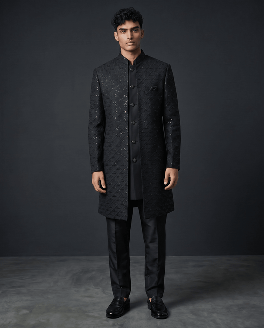 Classic Black - Mens Double Layered Sherwani / Indo-Western - Fantastic Value - KCS6625 06TT26 - Prachy Creations