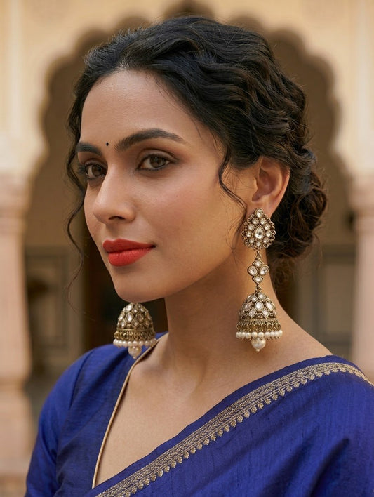 Classic Clear Kundan & Pearl Statement Jhumka Earrings - Bollywood - Weddings - 15ER405 09R26 - Prachy Creations