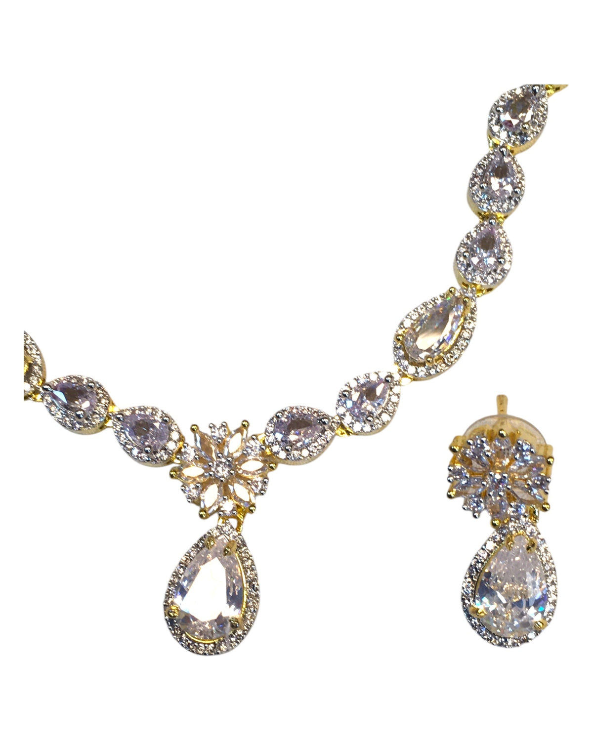 Clear - American Diamond Style Gold Finish Small Size Necklace Set with Earrings - AE2422 11H24 - Prachy Creations