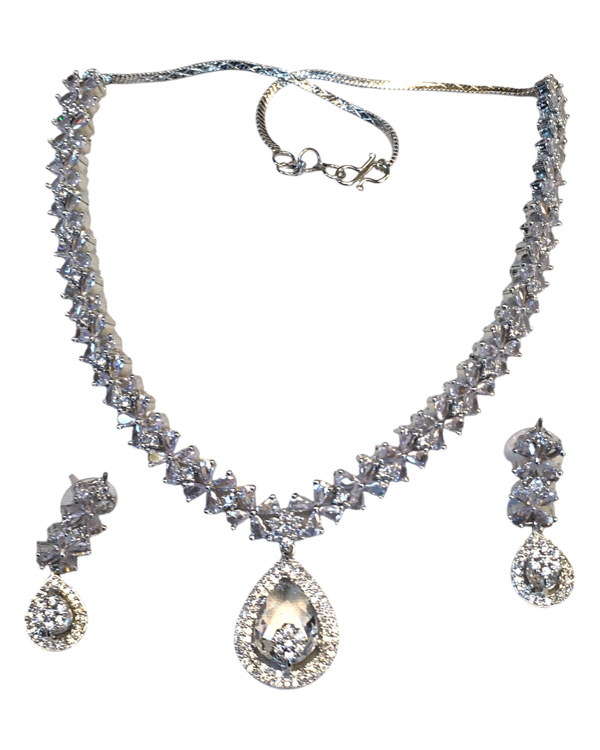 Clear - American Diamond Style Silver Finish Medium Size Necklace Set with Earrings - AE2424 11H24 - Prachy Creations