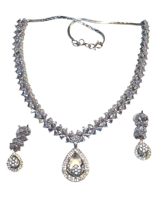 Clear - American Diamond Style Silver Finish Medium Size Necklace Set with Earrings - AE2424 11H24 - Prachy Creations