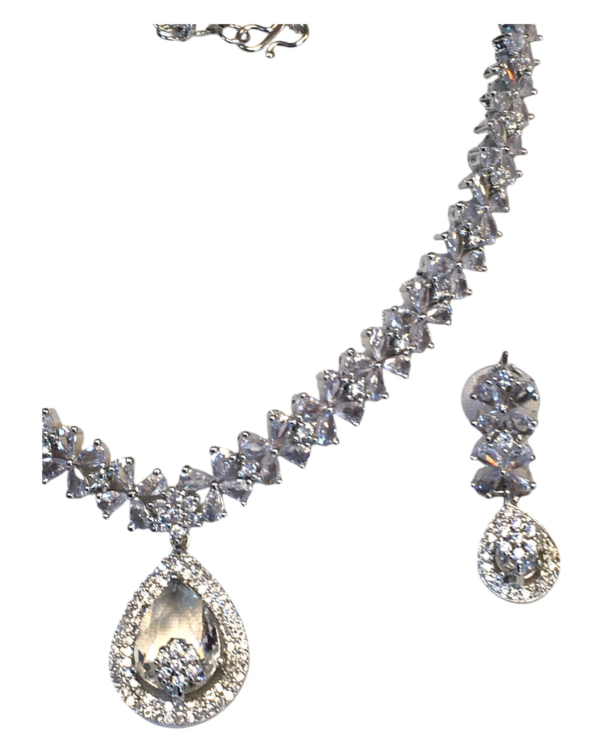Clear - American Diamond Style Silver Finish Medium Size Necklace Set with Earrings - AE2424 11H24 - Prachy Creations