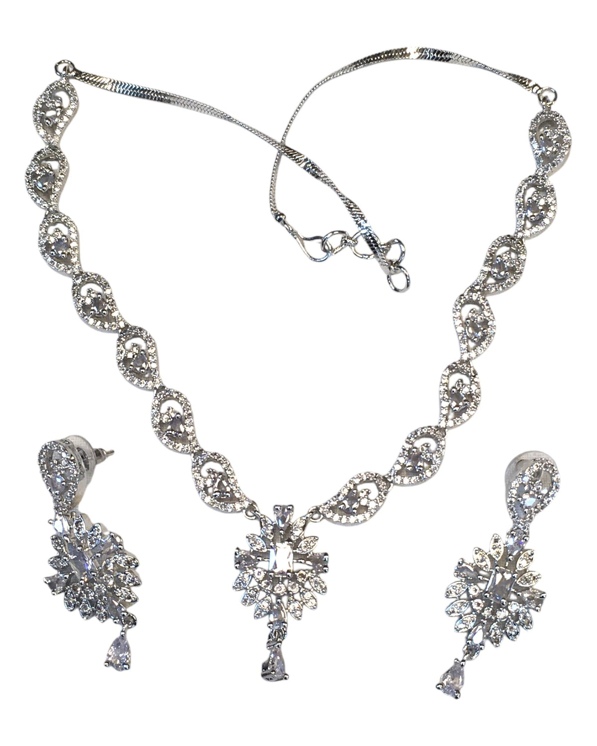 Clear - American Diamond Style Silver Finish Small Size Necklace Set with Earrings - AE2421 11R24 - Prachy Creations