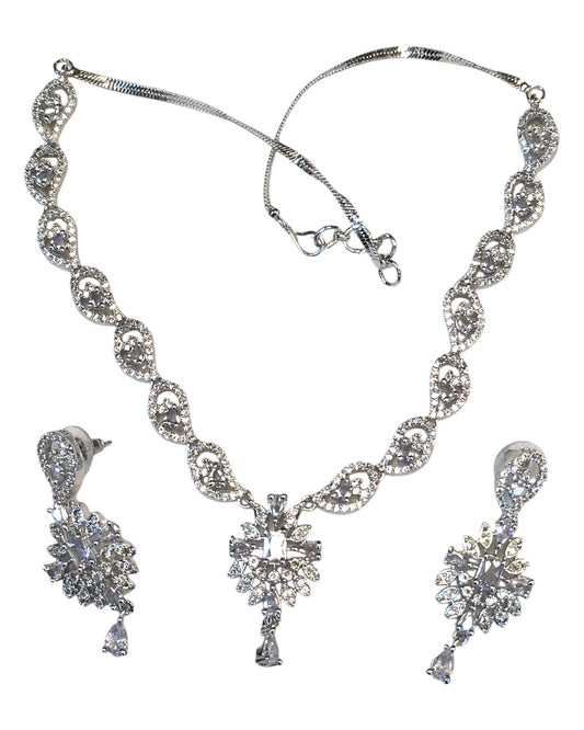 Clear - American Diamond Style Silver Finish Small Size Necklace Set with Earrings - AE2421 11R24 - Prachy Creations