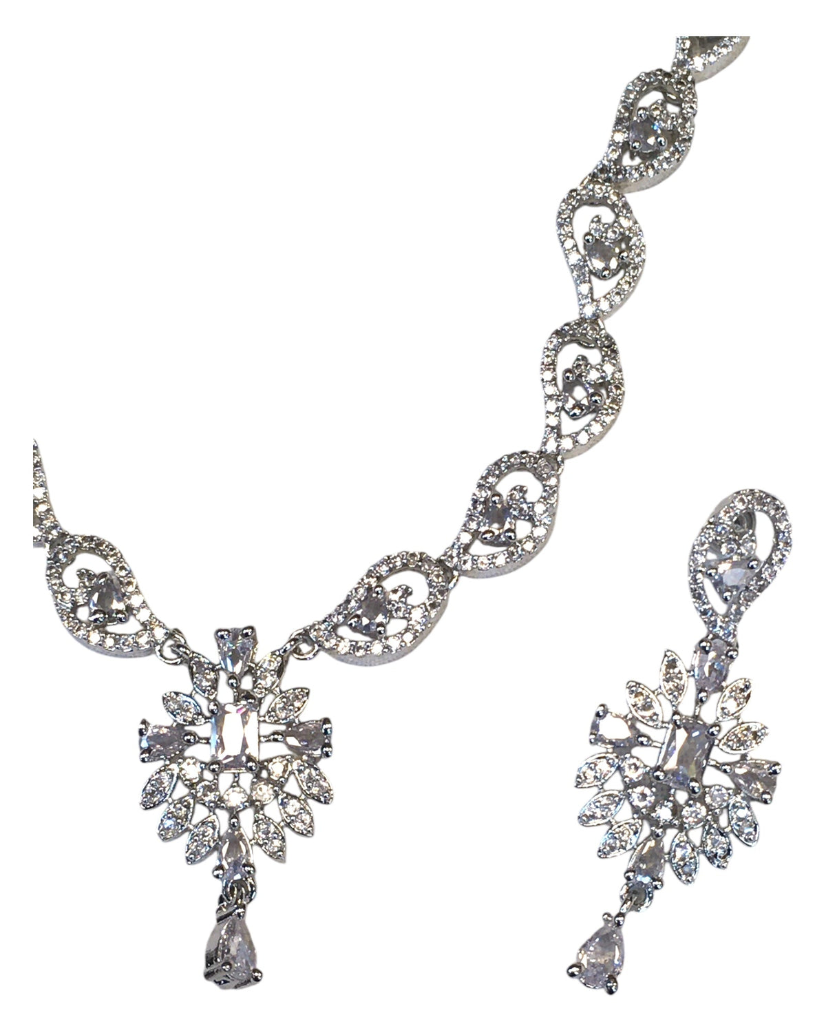 Clear - American Diamond Style Silver Finish Small Size Necklace Set with Earrings - AE2421 11R24 - Prachy Creations