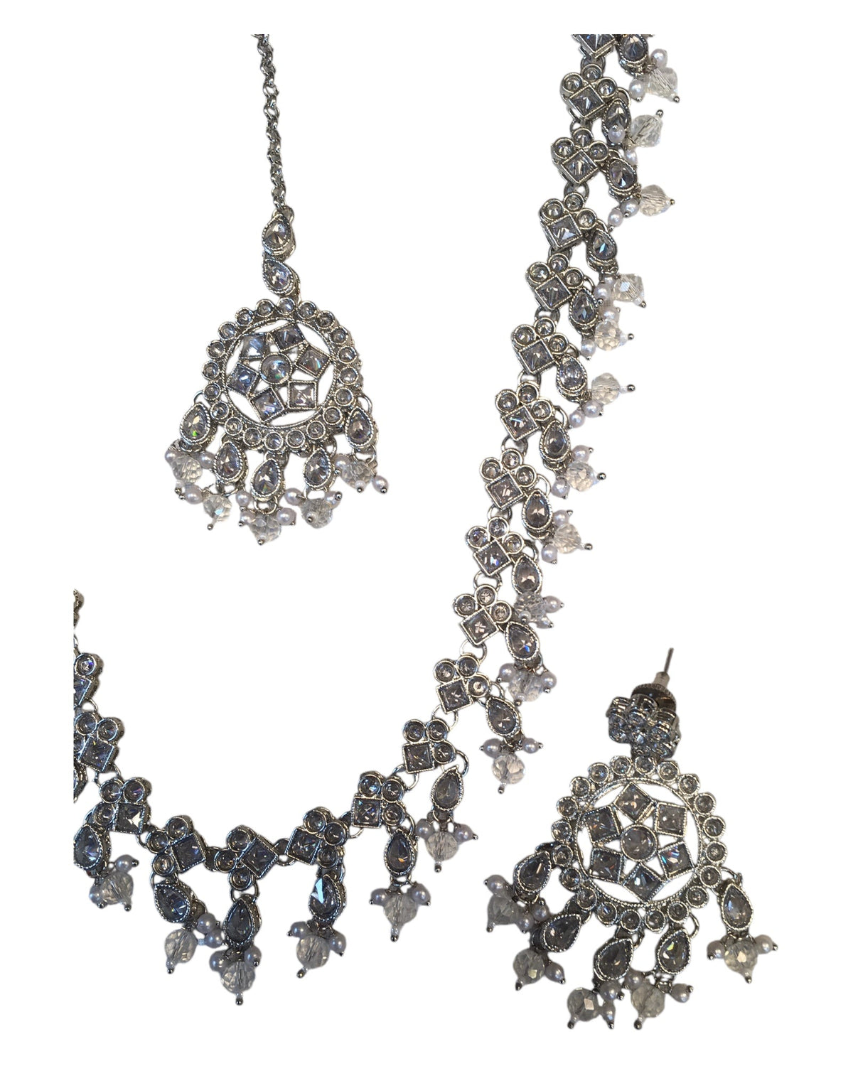 Clear - Large Size Silver Finish Long Necklace Set with Earrings - RZ13 11KT24 - Prachy Creations