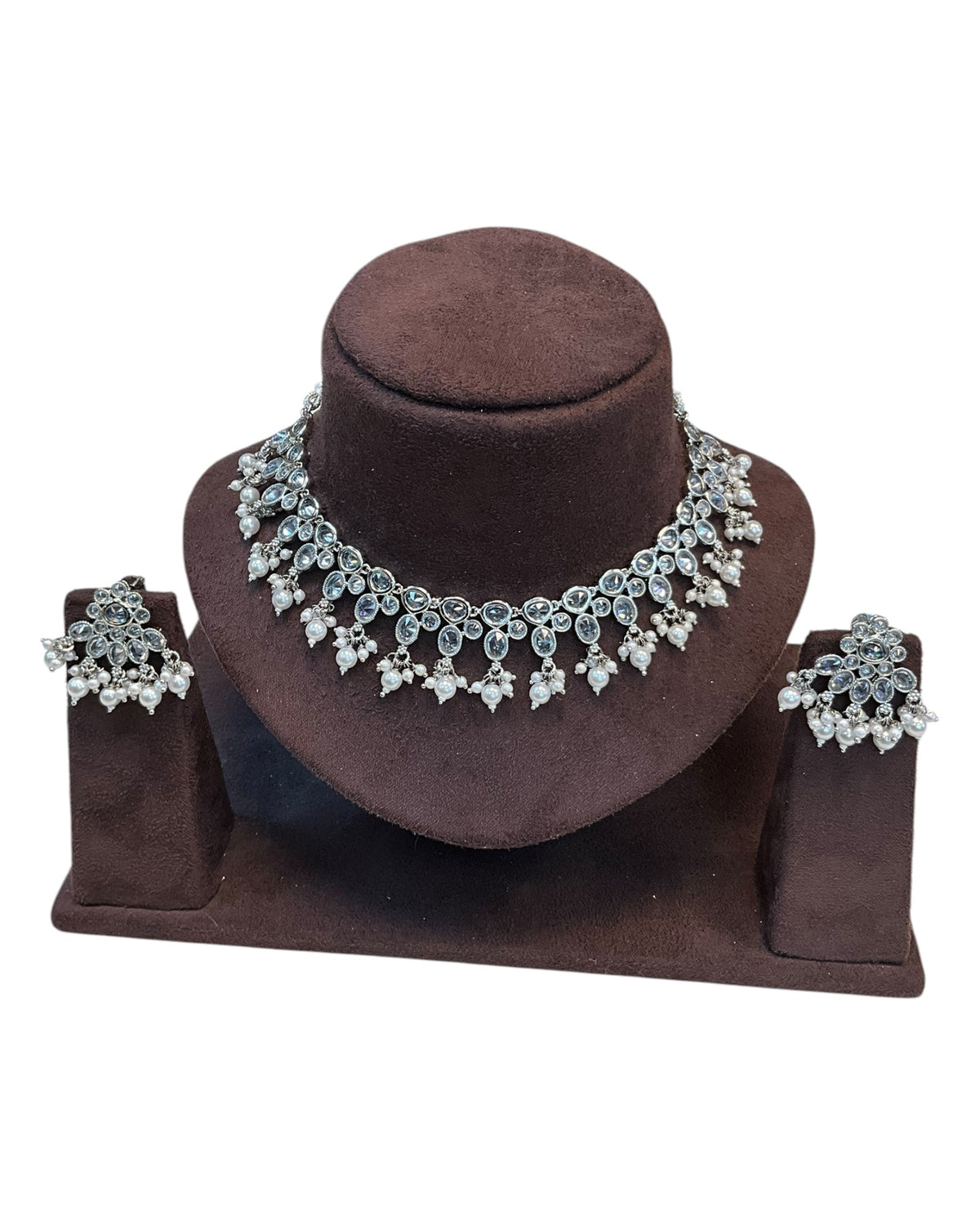 Clear - Large Size Silver Finish Necklace Set with Earrings. - KAJ1031 KYp - Prachy Creations