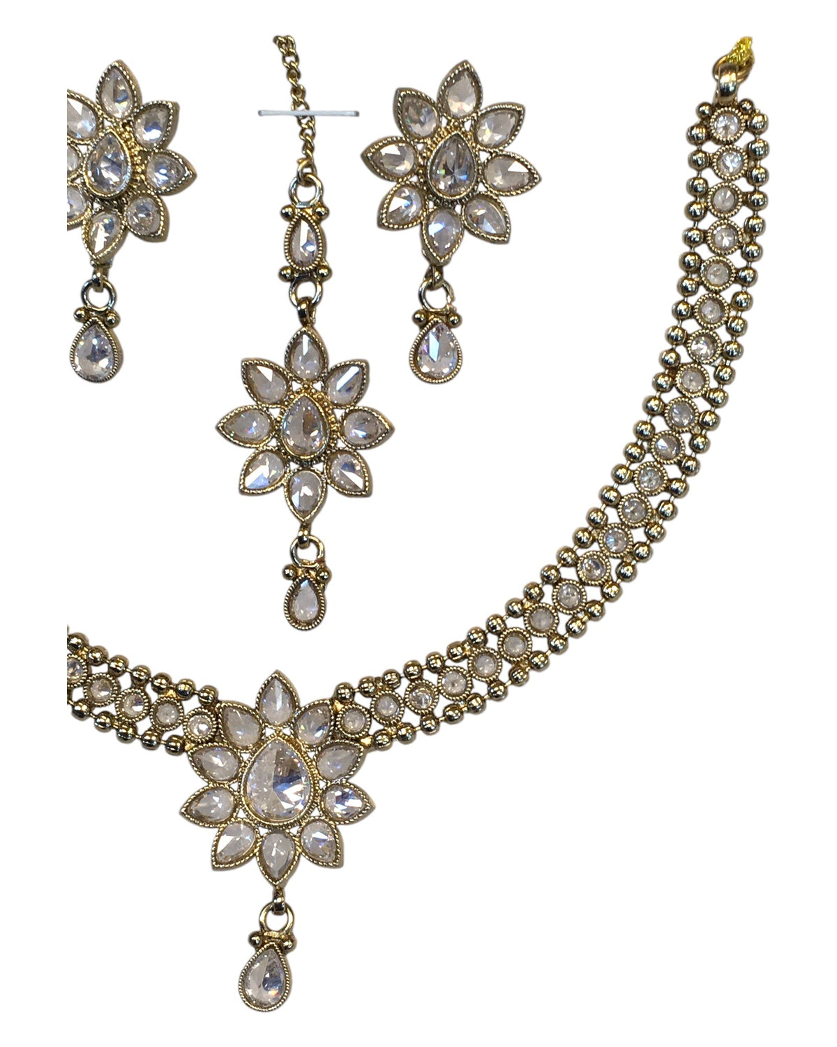 Clear - Medium Size Antique Gold Finish Necklace Set with Earrings & Head Piece /Tika- SLV80 11H24 - Prachy Creations