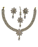 Clear - Medium Size Antique Gold Finish Necklace Set with Earrings & Head Piece /Tika- SLV80 11H24 - Prachy Creations