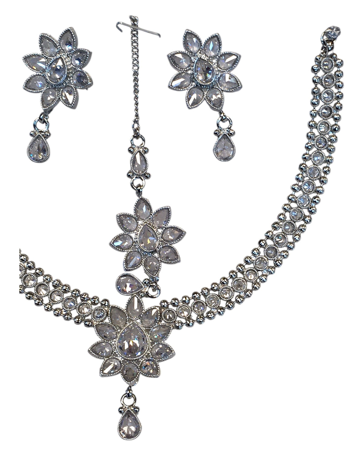 Clear - Medium Size Silver Finish Necklace Set with Earrings & Head Piece /Tika- SLV80 11H24 - Prachy Creations