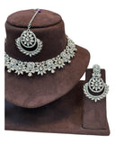 Clear - Medium Size Silver Finish Necklace Set with Earrings & Tika Head piece - JD7468 R 0525 - Prachy Creations